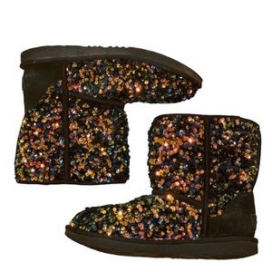 Ugg Sequin Mini Stellar Classic Short Boots Black Sheepskin Cozy 6 Multicolor